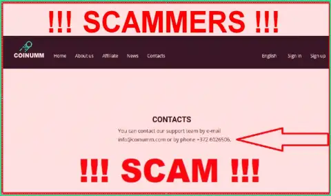 Coinumm phone number is listed on the scammers site