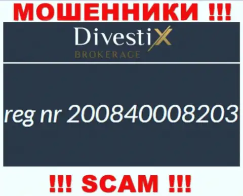 Регистрационный номер internet мошенников DivestixBrokerage Com (200840008203) никак не доказывает их честность