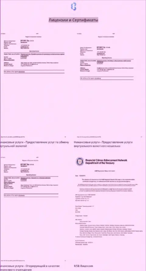 Лицензии и сертификаты, которыми владеет интернет обменник БТКБит Нет