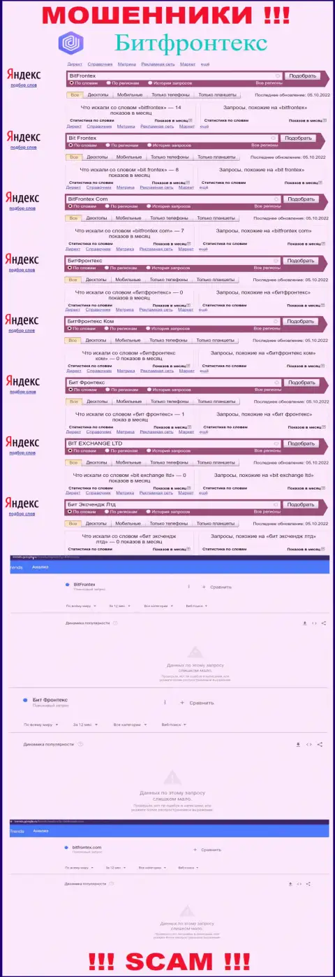 Количество онлайн-запросов по махинаторам BitFrontex Com