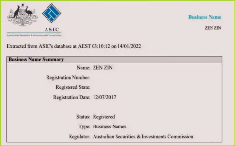Регистрация дилера Зиннейра Ком австралийским финансовым регулятором