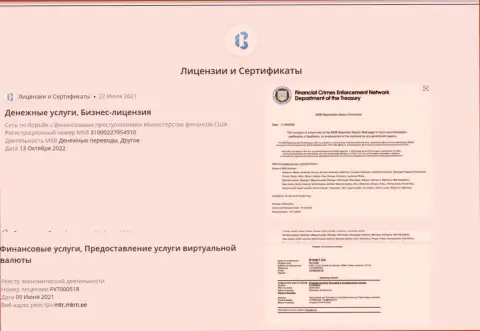 Лицензионные документы и сертификаты, которые есть у online обменки БТКБИТ ОЮ